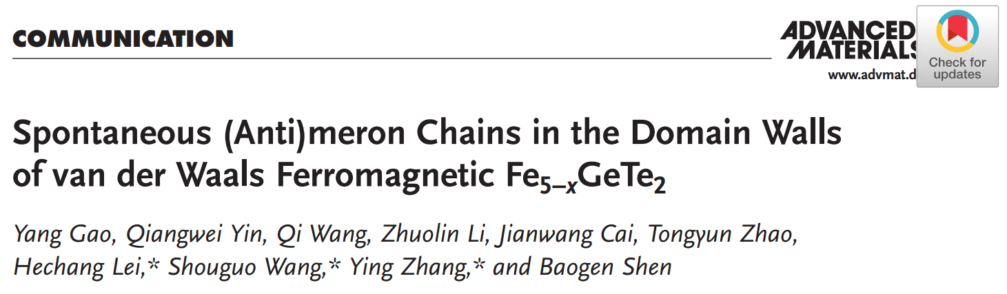 相關研究成果以“Spontaneous (Anti)meron Chains in the Domain Walls of van der Waals Ferromagnetic Fe5-xGeTe2”為題發表在《Adv. Mater.》上。